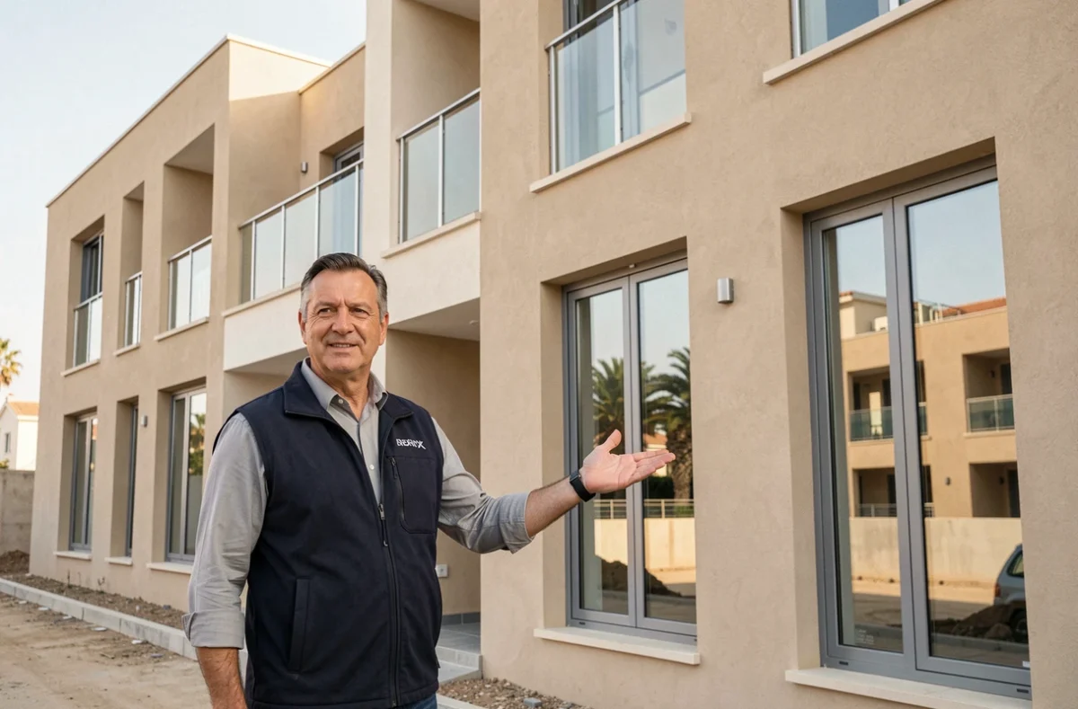 Entrepreneur général d'A-Z Construction devant un immeuble résidentiel moderne achevé à Marseille