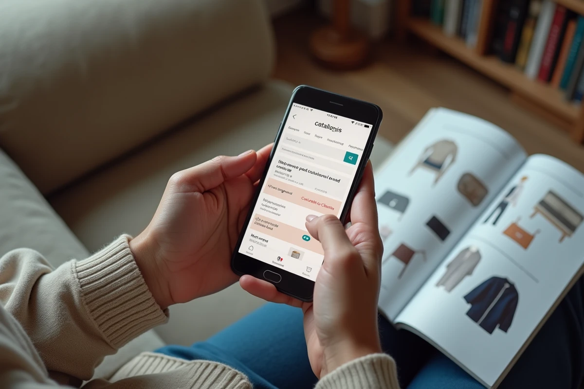 Mains tenant un smartphone pour s'abonner à un catalogue en ligne sur canapé