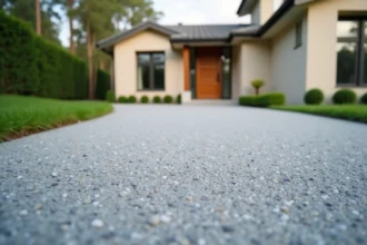 Allée de maison en béton désactivé avec texture granulats apparents et finition soignée