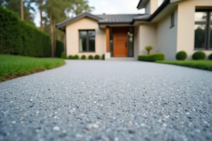 Allée de maison en béton désactivé avec texture granulats apparents et finition soignée