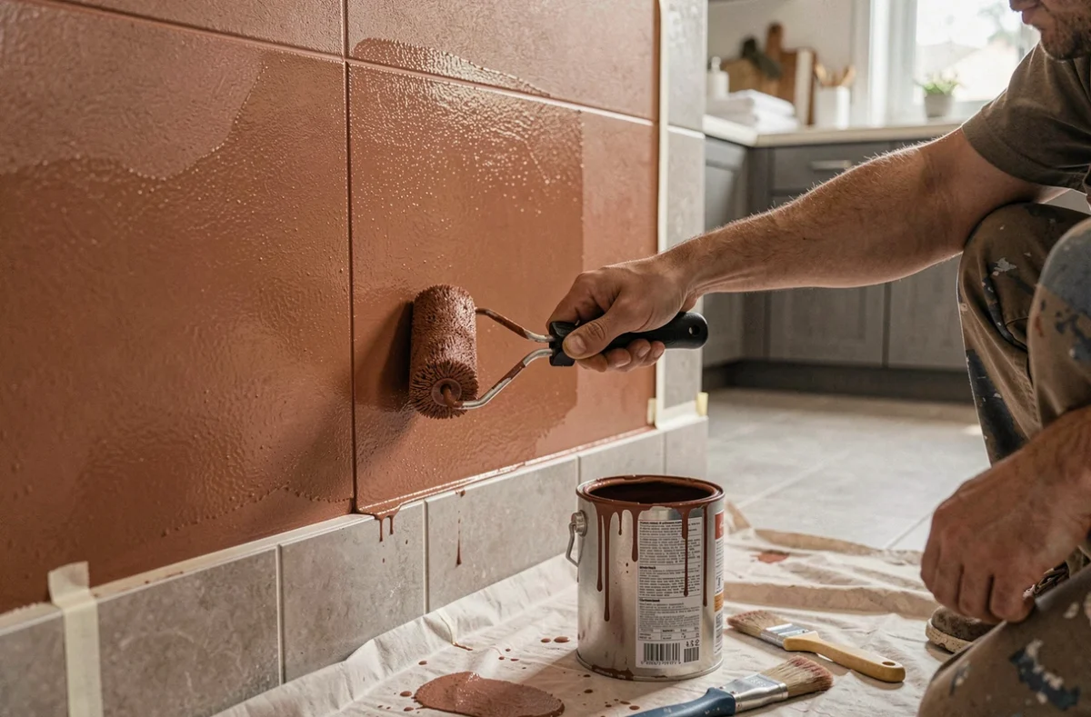 Peintre appliquant une peinture luxe terracotta résistante dans une cuisine et salle de bains