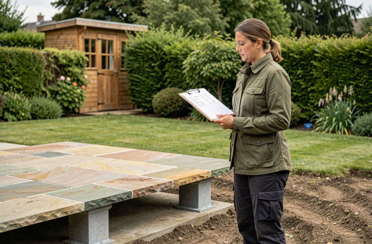 Architecte paysagiste évaluant le coût de préparation du sol pour une terrasse en dalle sur plot