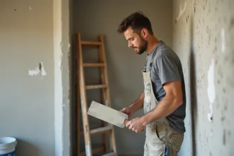 Artisan appliquant un enduit de rebouchage à la spatule sur un mur intérieur en cours de rénovation