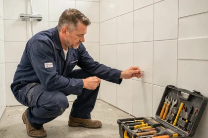 Artisan carreleur professionnel inspectant des travaux de rénovation de salle de bain à Strasbourg
