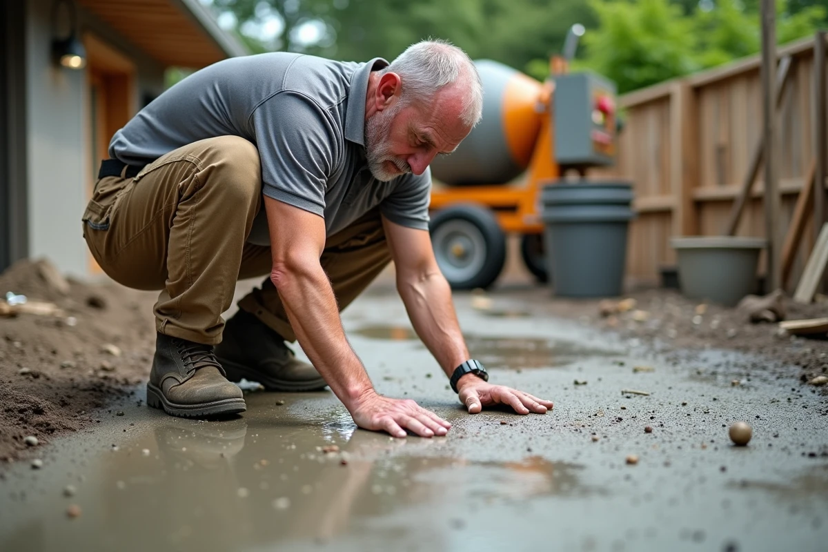 Artisan inspectant une dalle de béton désactivé en cours de réalisation sur un chantier de terrasse