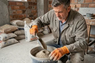 Artisan mesurant le dosage de ciment pour une chape mortier sur un chantier intérieur
