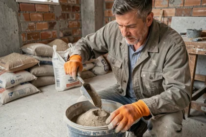 Artisan mesurant le dosage de ciment pour une chape mortier sur un chantier intérieur