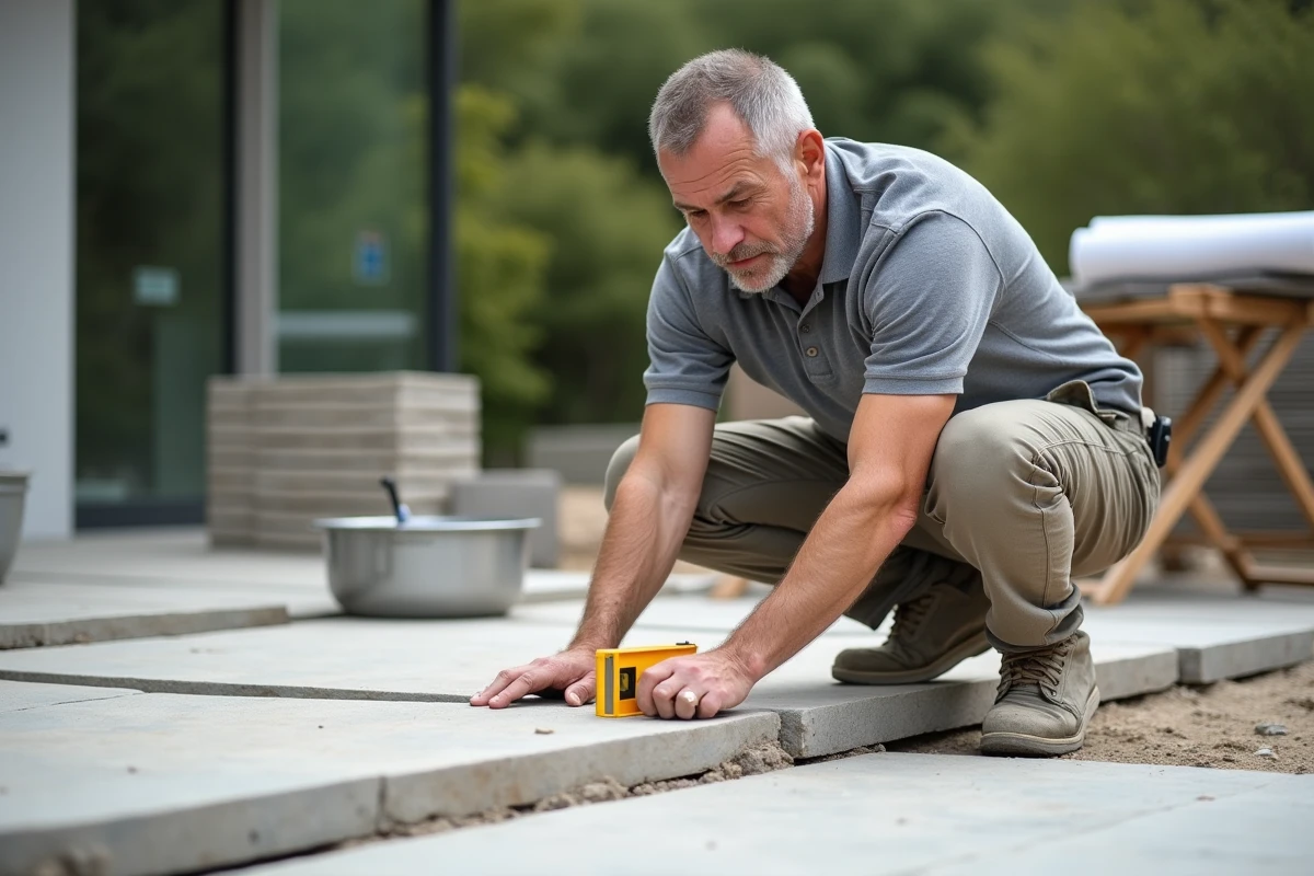 Artisan posant des dalles en pierre naturelle sur une terrasse haut de gamme en cours de construction, avec niveau à bulle et plans architecturaux