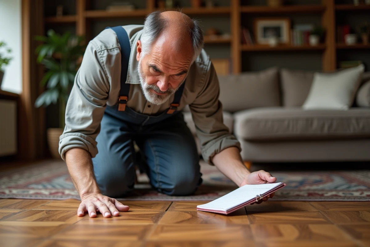 Artisan en travail sur un parquet en bois dans un salon