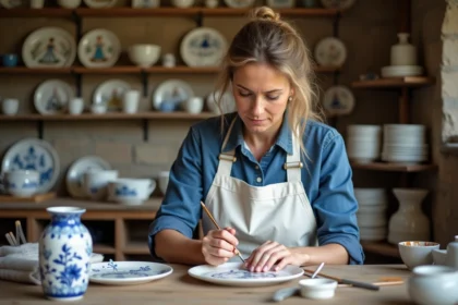 Artisane peignant à la main des motifs bretons traditionnels sur une faïence de Quimper dans un atelier de poterie en pierre