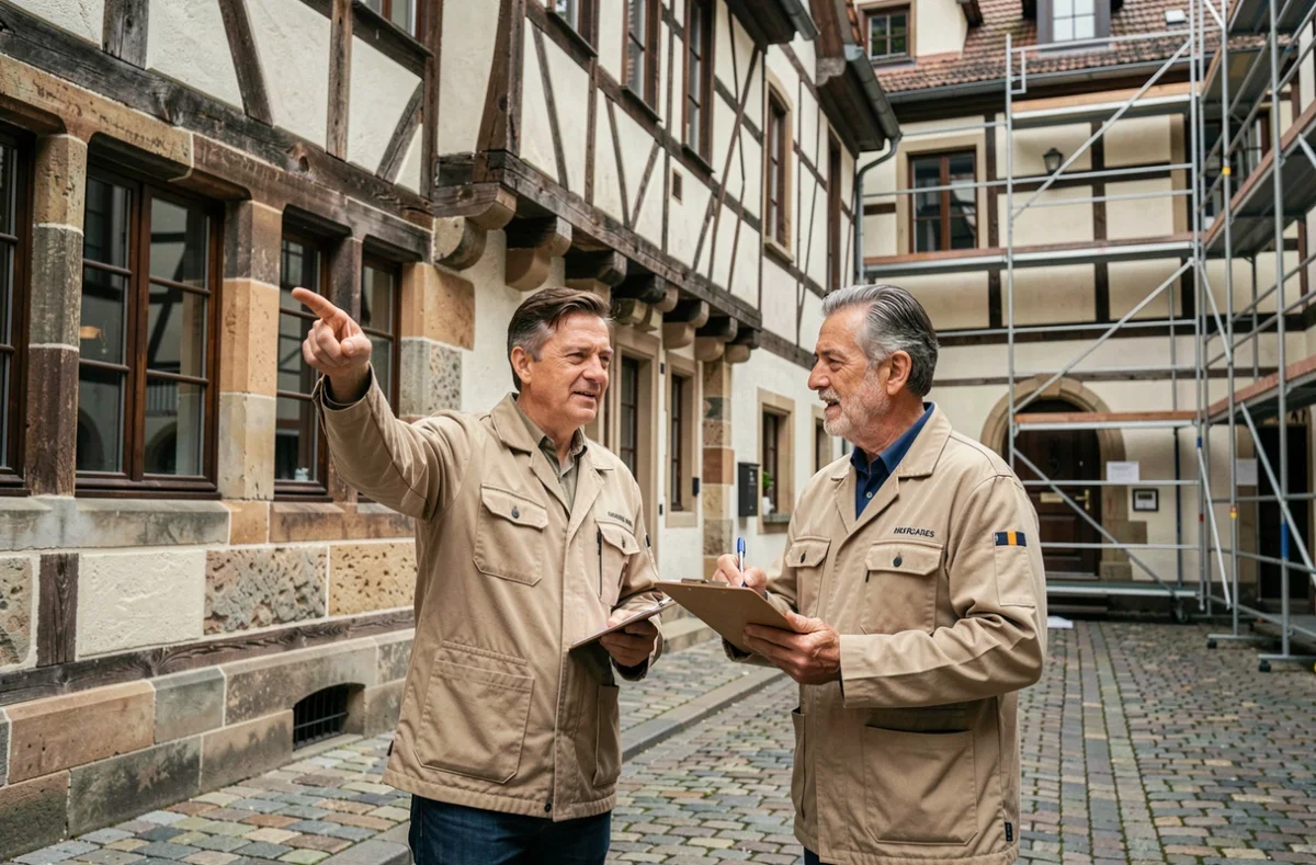 Deux artisans professionnels évaluant des travaux de rénovation sur une maison à colombages alsacienne à Strasbourg