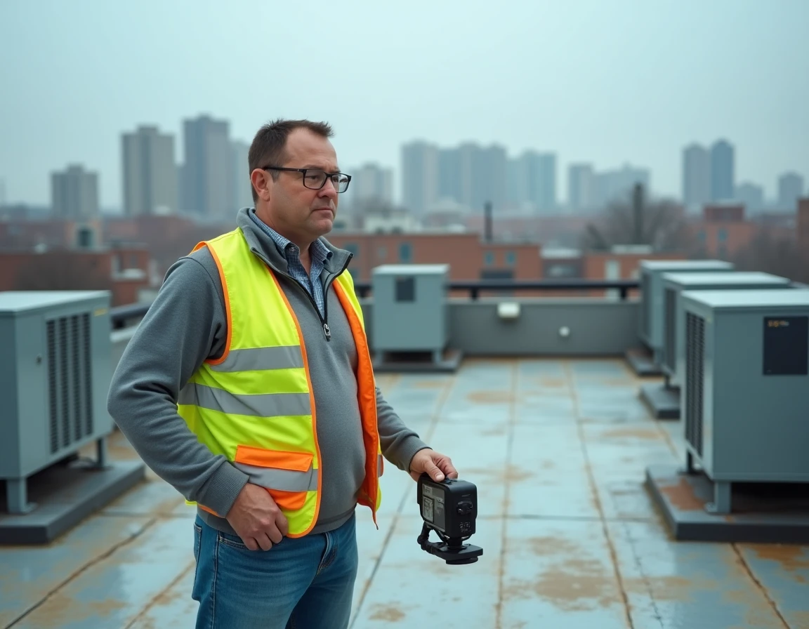 Auditeur énergétique inspectant les équipements techniques en toiture d'un immeuble en copropriété avec caméra thermique