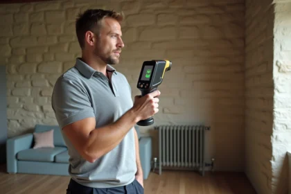 Auditeur thermique professionnel utilisant une caméra infrarouge dans une maison française pour réaliser un audit énergétique