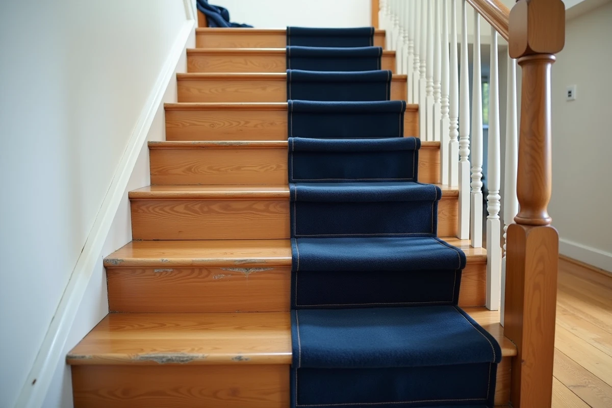 Avant-après d'un escalier rénové avec des marches en moquette bleu marine comparées aux anciennes marches en bois usées