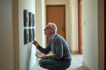 Propriétaire bailleur inspectant les sous-compteurs électriques dans le couloir d'un immeuble résidentiel