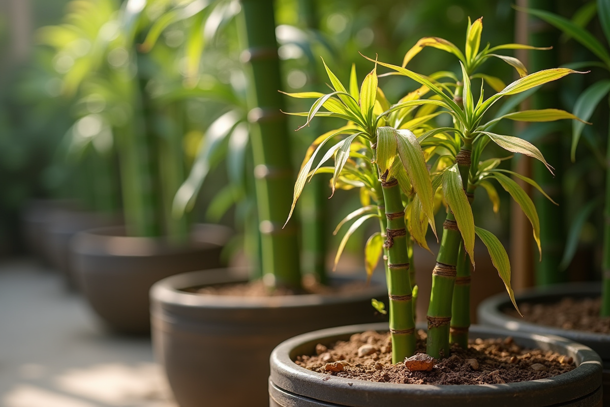 Bambou malade avec feuilles jaunes dans un pot en terre cuite