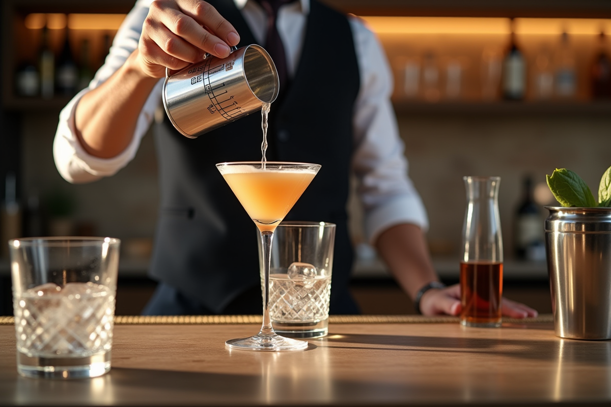 Scène de bar maison élégante avec verseuse versant 50 ml dans un shaker