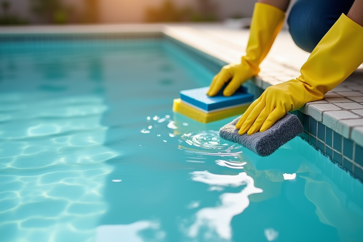 Mains avec gants jaunes brossant le rebord de la piscine