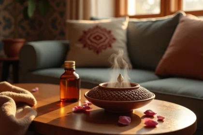 Brûleur à encens bakhour en céramique avec volute de fumée sur une table en bois dans un salon marocain