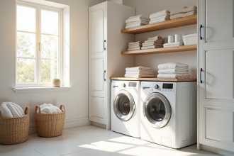 Salle de lavage lumineuse et organisée avec machine moderne