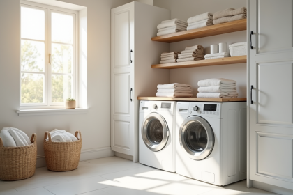 Salle de lavage lumineuse et organisée avec machine moderne