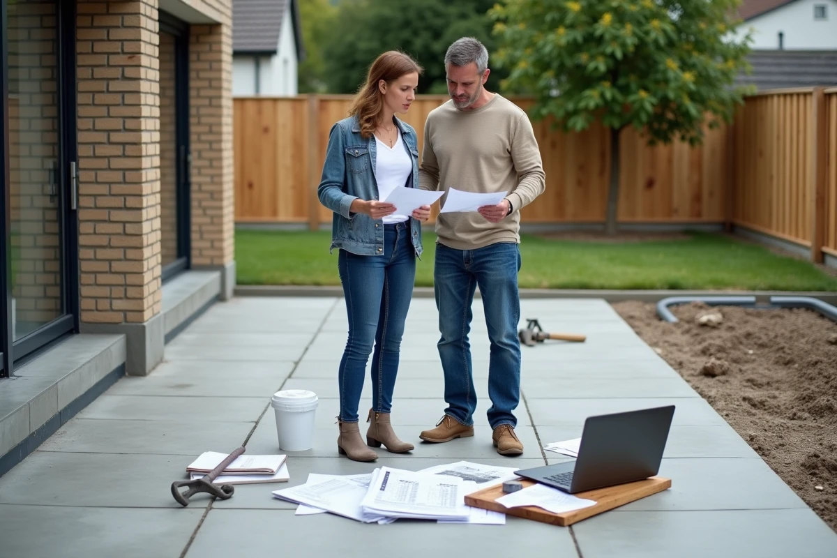 Couple de propriétaires stressés révisant le budget d'une terrasse en béton entourés de devis et matériaux sur chantier