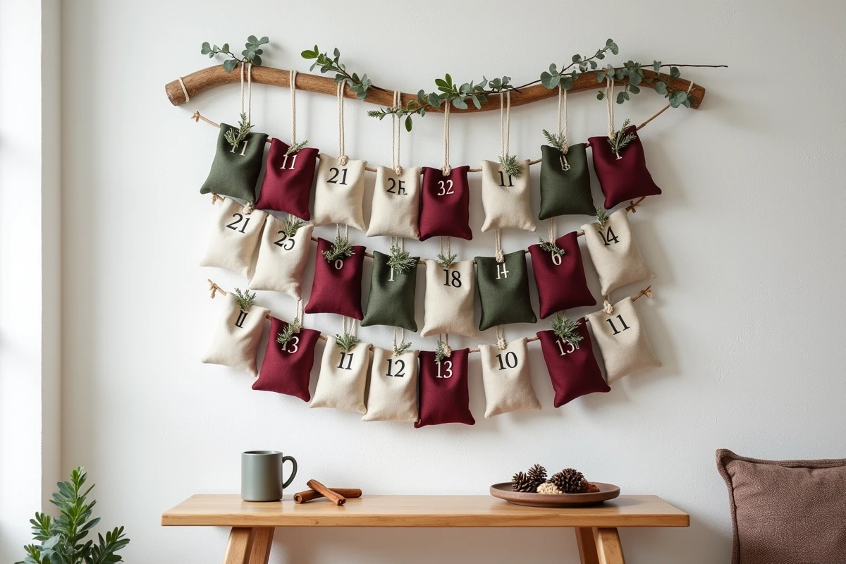 Calendrier de l'avent artisanal avec 24 pochettes en tissu accrochées sur une branche en bois dans un intérieur scandinave