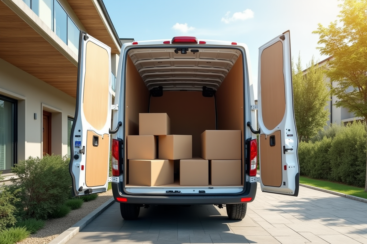 Camion de déménagement de 6m3 devant un immeuble ensoleille