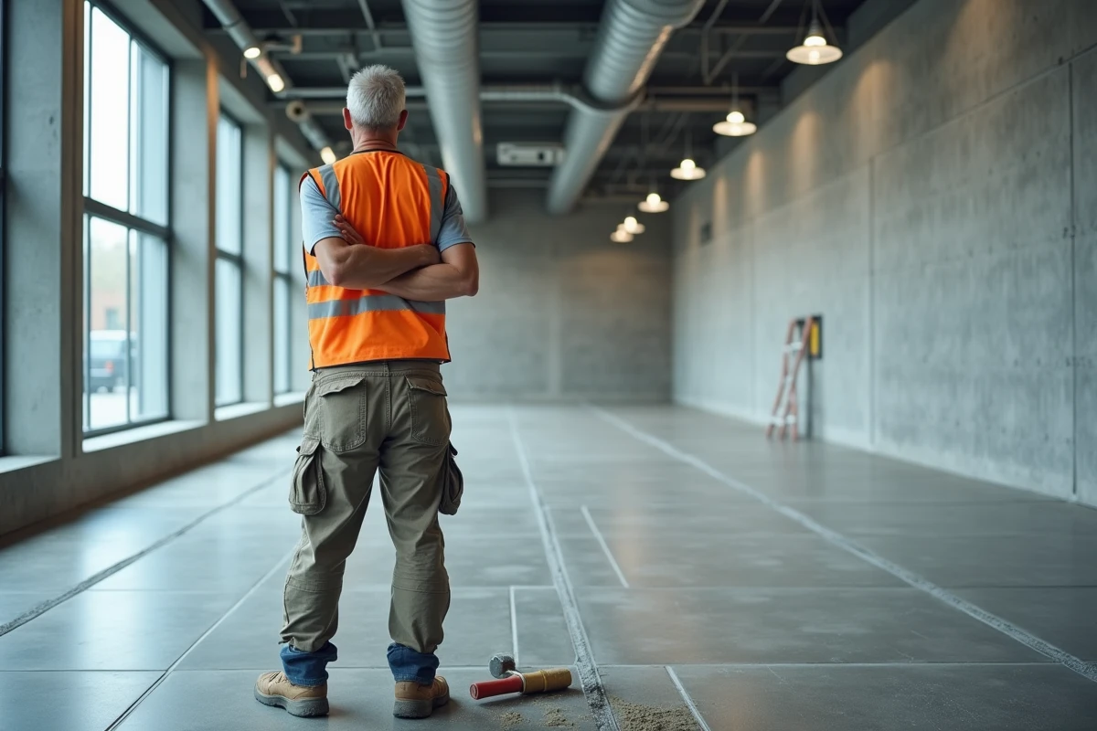 Carreleur professionnel inspectant un sol en carreaux de grès cérame dans un couloir commercial récemment rénové