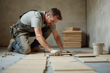 Carreleur professionnel posant des carreaux de grand format sur un sol de salle de bain en chantier avec une spatule crantée