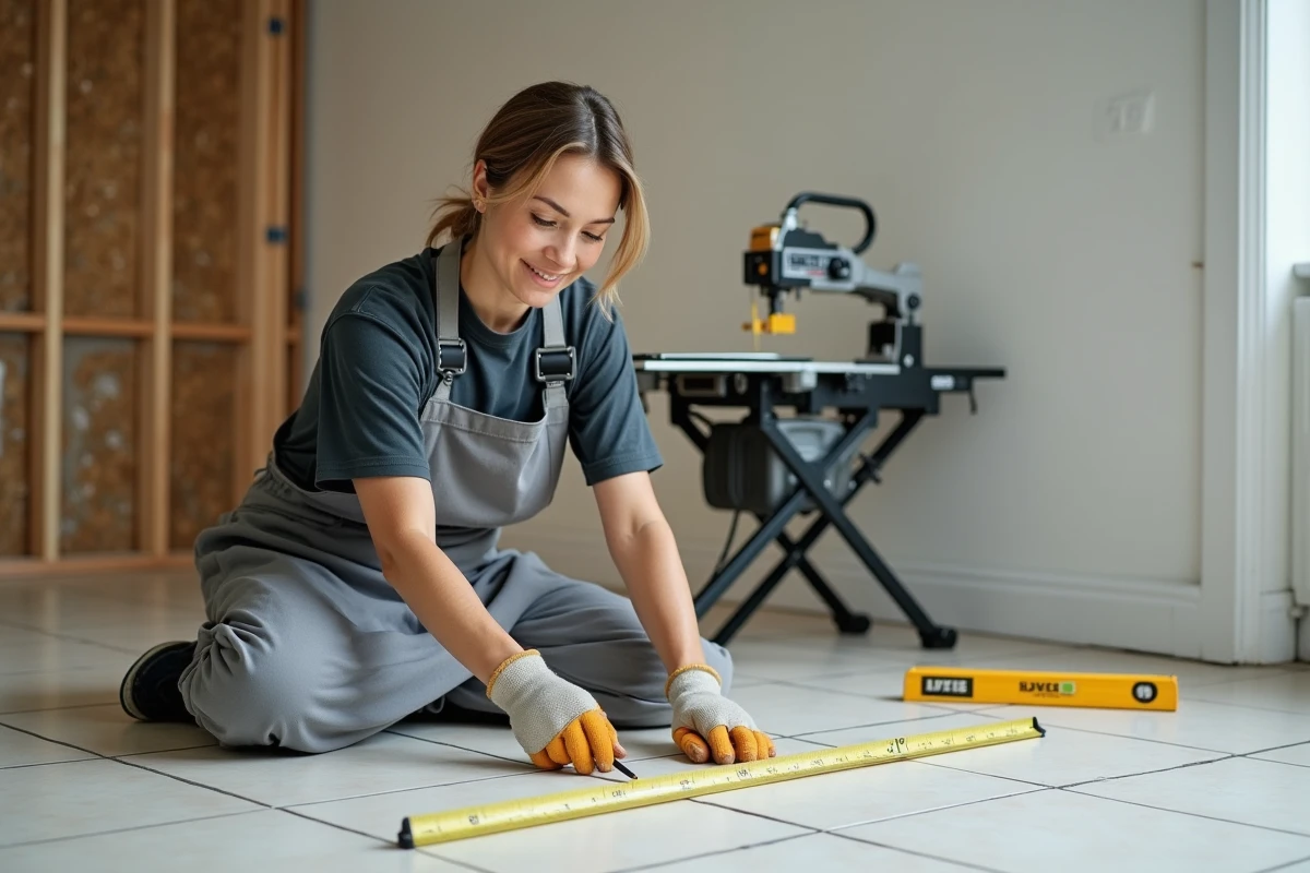 Carreleure mesurant et traçant des repères sur un chantier de rénovation de cuisine avant la pose de carreaux
