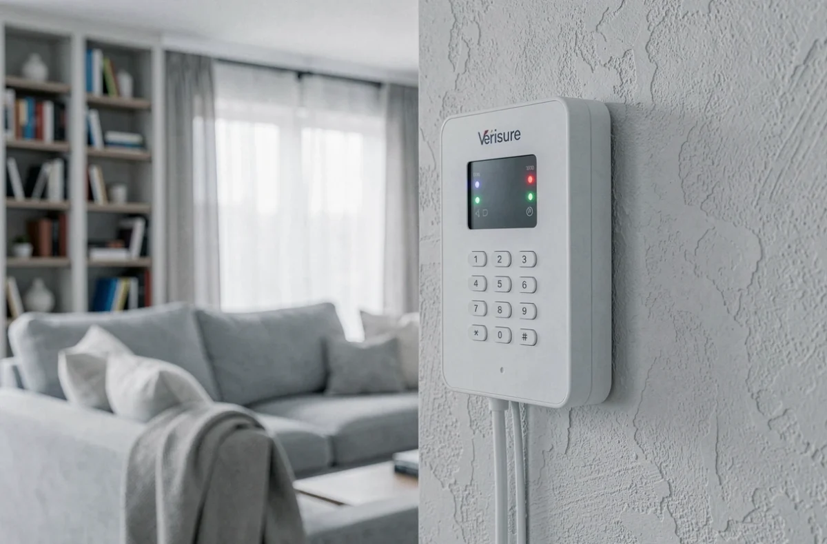 Centrale d'alarme connectée Verisure installée sur le mur d'un salon moderne avec clavier numérique