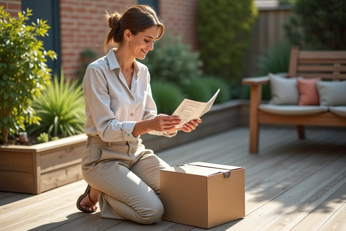 Femme lisant les certifications IP44 sur l'emballage d'un boîtier électrique étanche pour terrasse