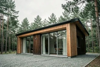 Chalet habitable design en bois sombre avec grandes baies vitrées, intégré dans une forêt de pins, vue extérieure grand angle