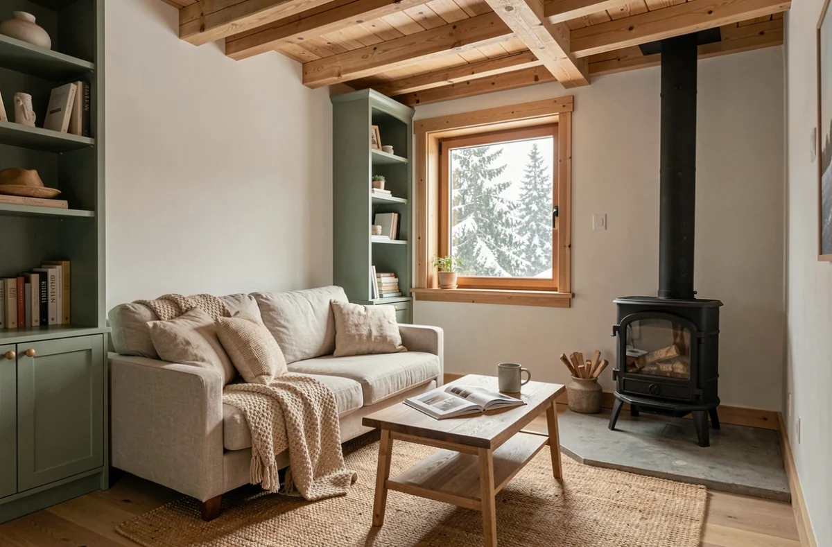Intérieur cosy d'un chalet habitable design avec poêle à bois, canapé en lin et poutres apparentes en pin