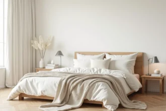 Chambre apaisante décorée en blanc chaud avec literie ivoire et parquet chêne clair pour un sommeil serein
