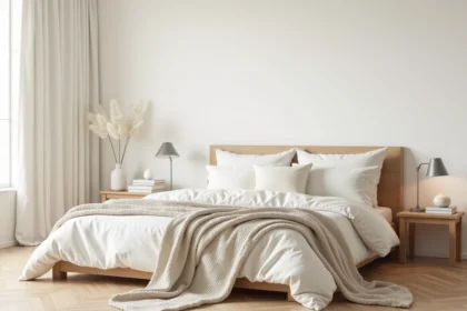 Chambre apaisante décorée en blanc chaud avec literie ivoire et parquet chêne clair pour un sommeil serein