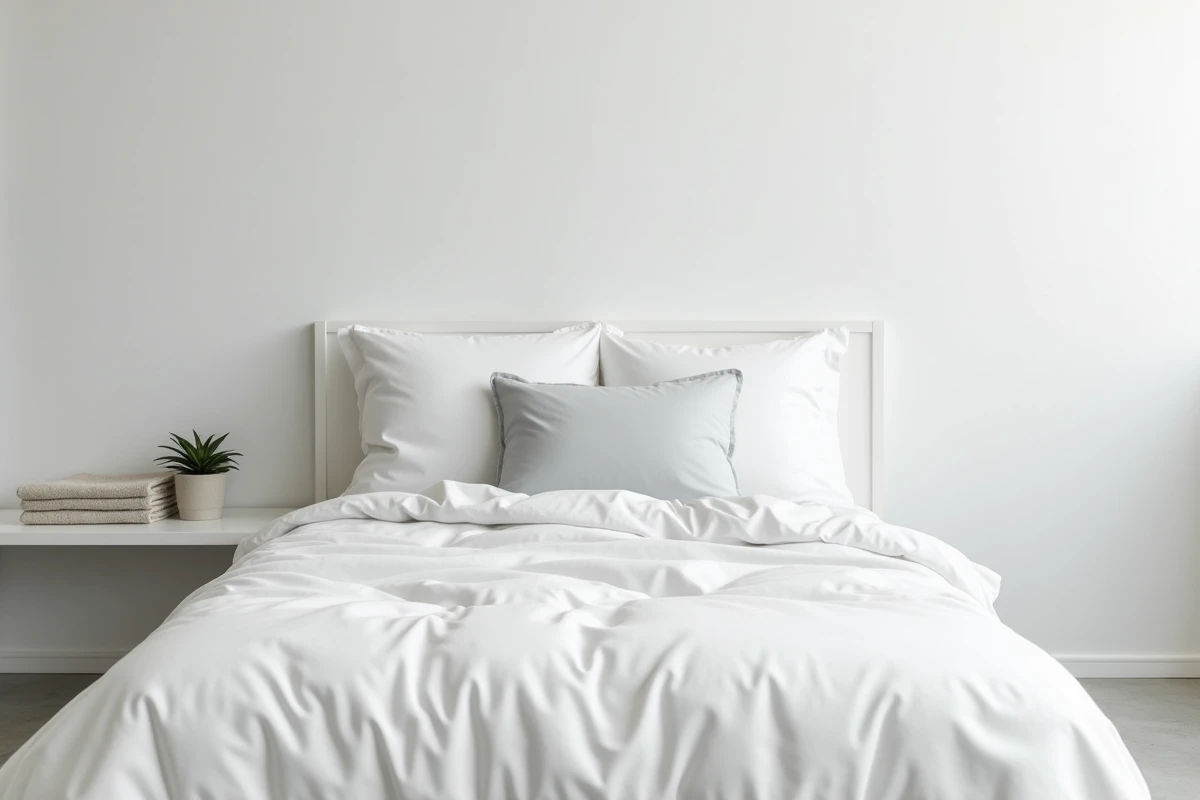 Chambre minimaliste en blanc froid avec literie coton blanc pur et sol en béton ciré pour une atmosphère fraîche et reposante
