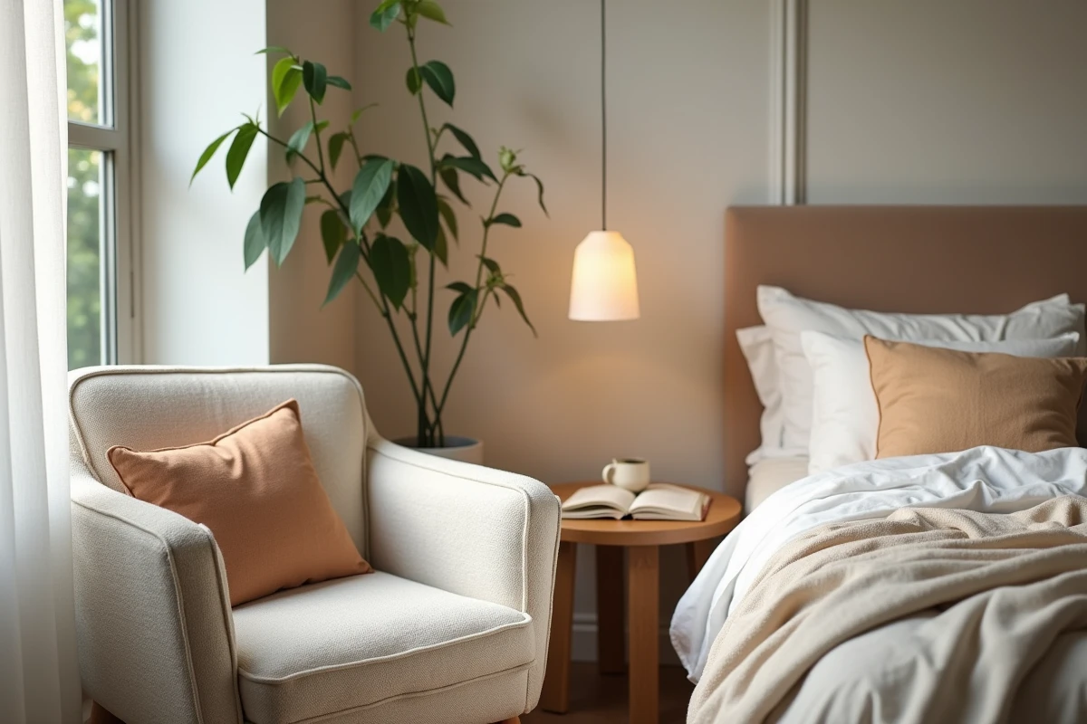 Coin lecture cosy dans une chambre en blanc chaud avec fauteuil bouclé et literie lin sable pour une ambiance propice au sommeil