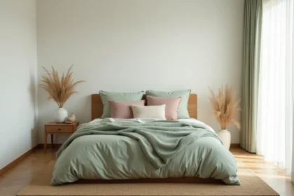 Chambre apaisante décorée en vert sauge et blanc cassé avec literie en lin et accessoires en tons neutres pour favoriser le calme et la relaxation