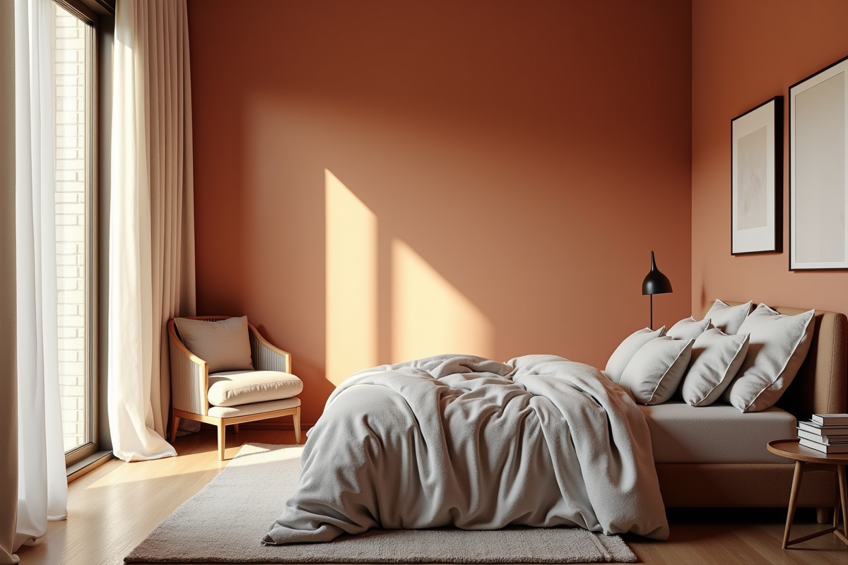 Chambre chaleureuse avec murs terracotta et lumière douce