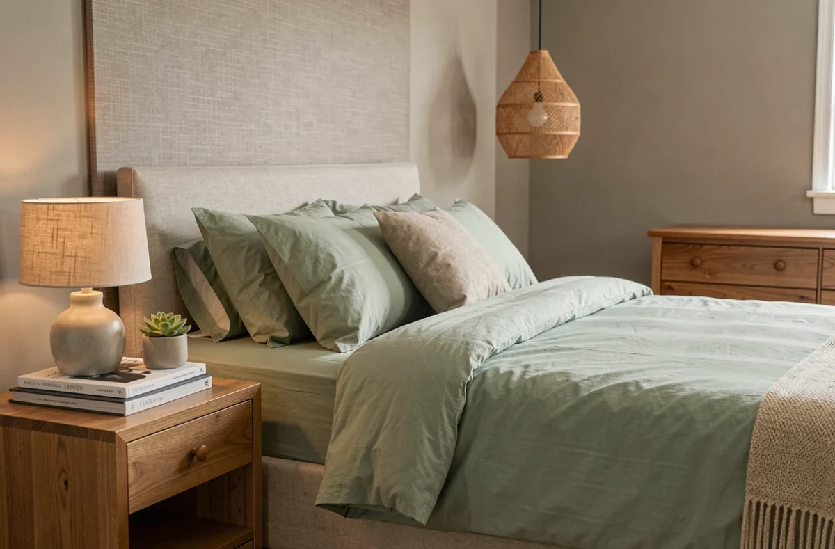 Chambre à coucher cosy avec linge de lit vert sauge, table de chevet en bois et décoration naturelle tendance