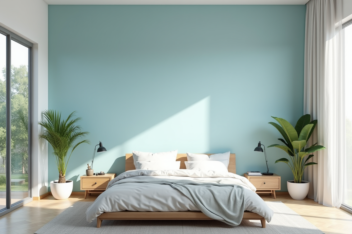 Chambre moderne avec murs pastel bleu et lumière naturelle