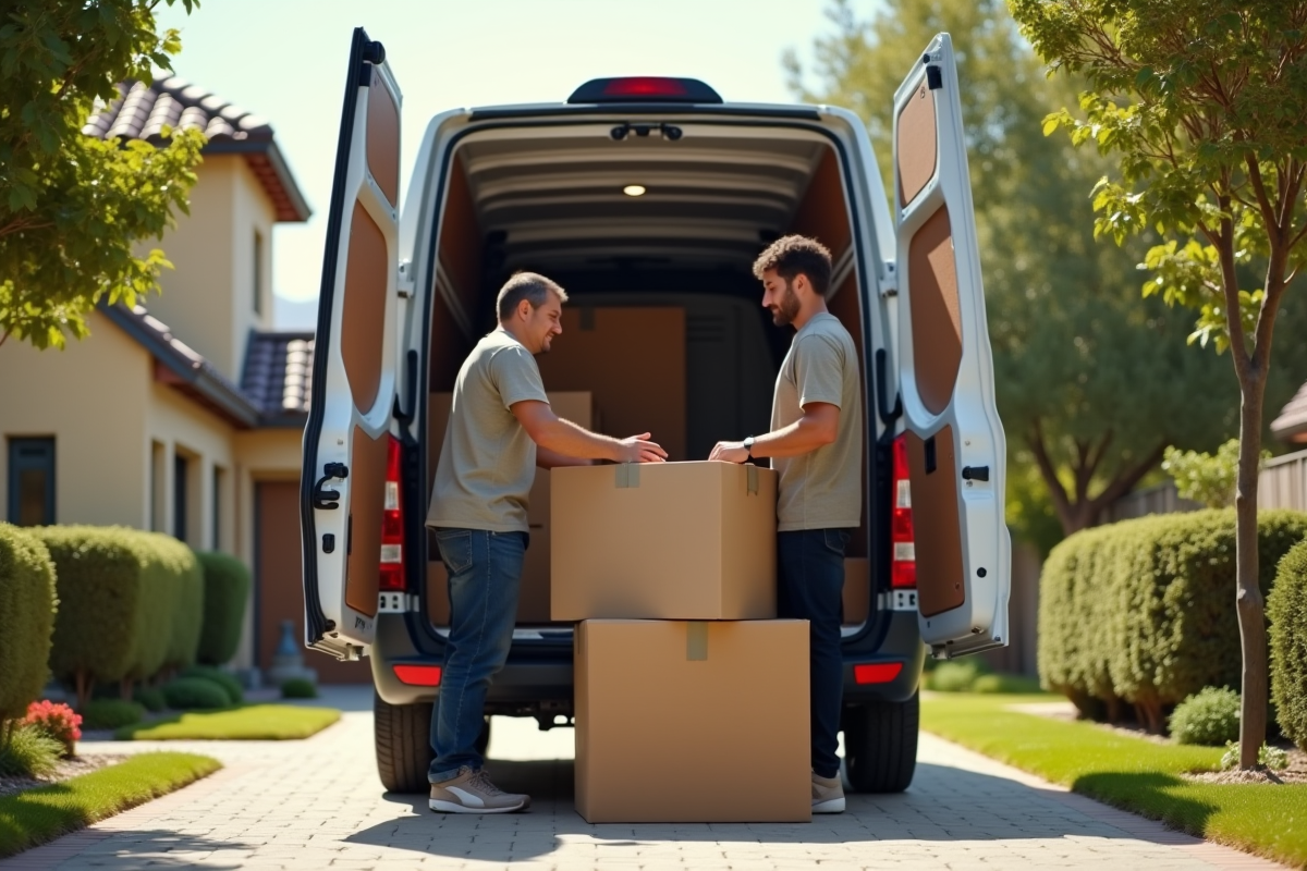Deux personnes chargent des meubles dans un camion ensoleille