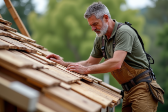 Charpentier vérifiant des bardeaux en bois sur un toit en rénovation
