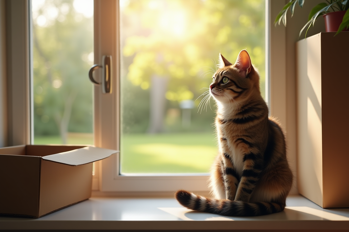 Chat curieux sur le rebord de la fenêtre dans une nouvelle maison
