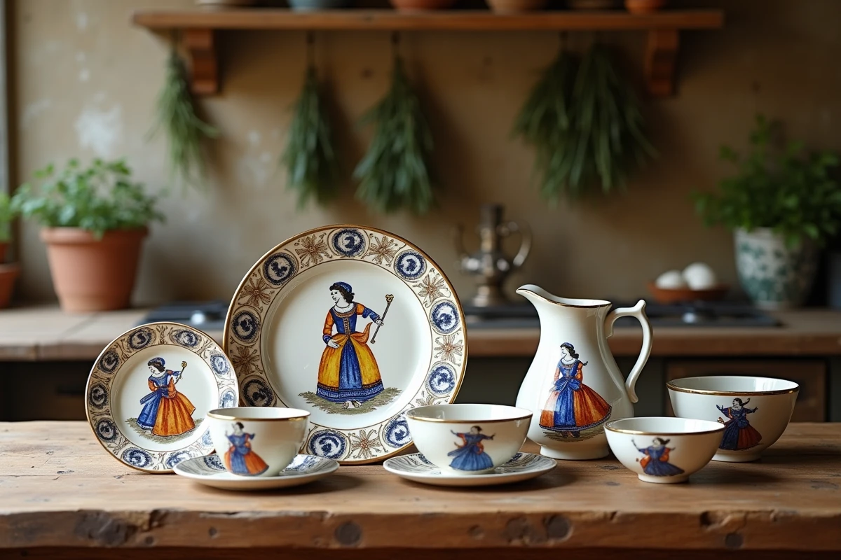 Collection de pièces authentiques de faïence Henriot Quimper exposées sur une table en chêne dans une cuisine bretonne rustique