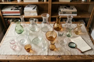 Collection de verreries anciennes Portieux disposées en flat-lay sur une table de collectionneur avec catalogue de référence