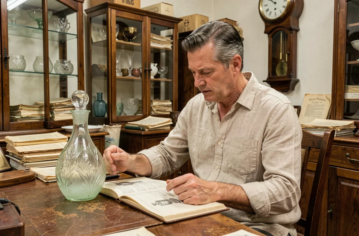 Collectionneur examinant une carafe en verre pressé Portieux tout en consultant un catalogue d'époque