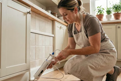 Femme colmatant les fissures d'une plinthe de cuisine pour empêcher le retour des petits insectes noirs